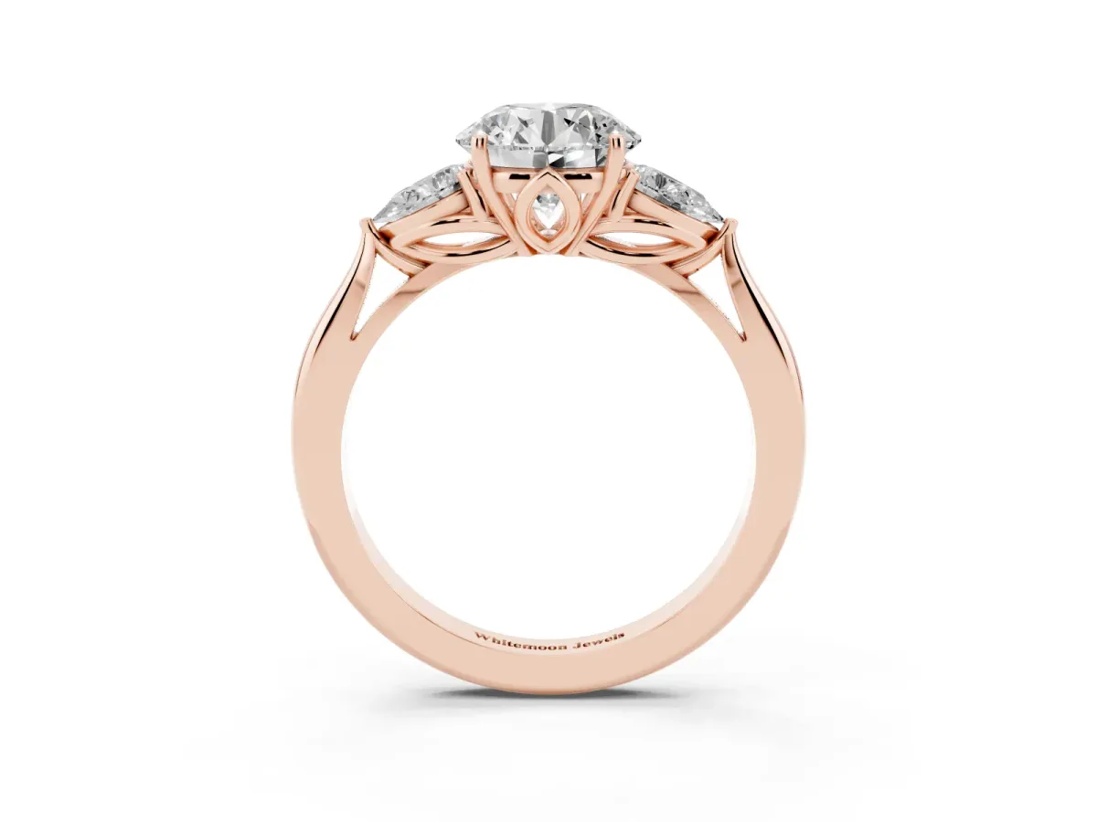 Three-Stone Round Cut Brilliant Diamond Solitaire Ring with Tapered Band and Four-Prong Setting Rose gold