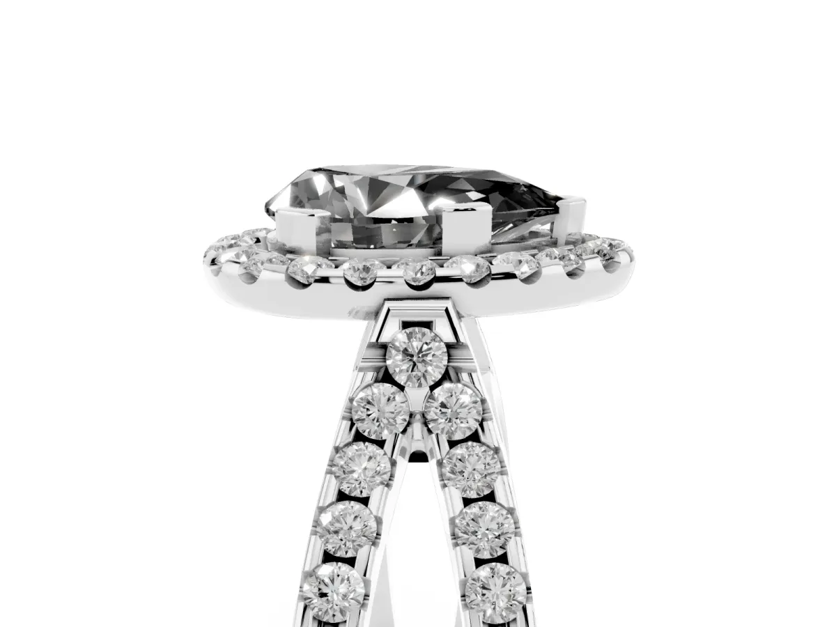 Fancy Black Pear Cut Diamond Halo Ring with Split Shank Pavé Band and Prong Setting Silver