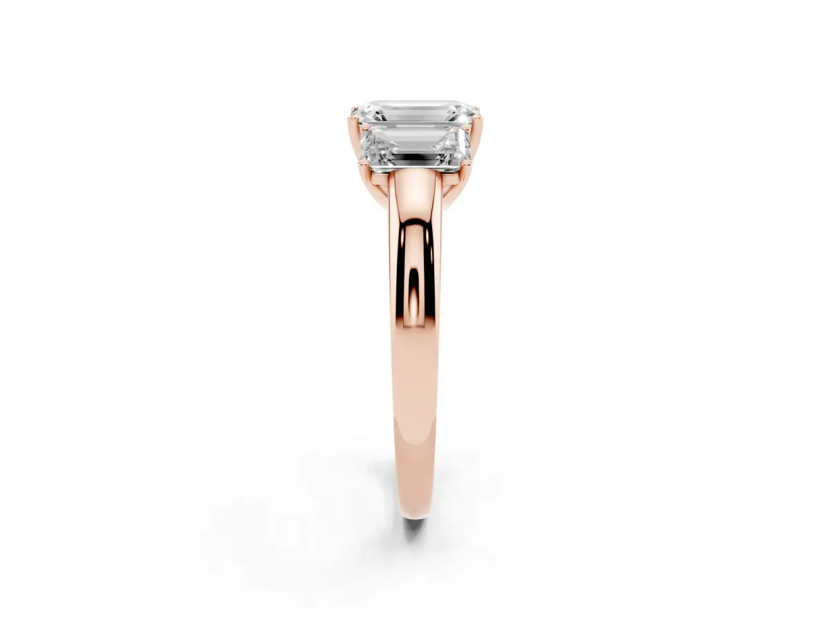 Emerald Cut Diamond Three-Stone Ring with Four-Prong Setting and Classic Band Rose gold