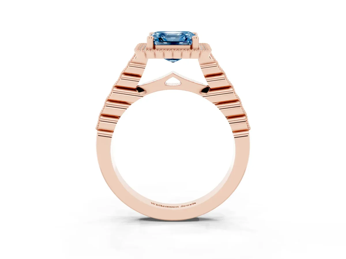 Fancy Blue Asscher Cut Cut Halo Pavé Solitaire Ring with Milgrain Band Rose gold