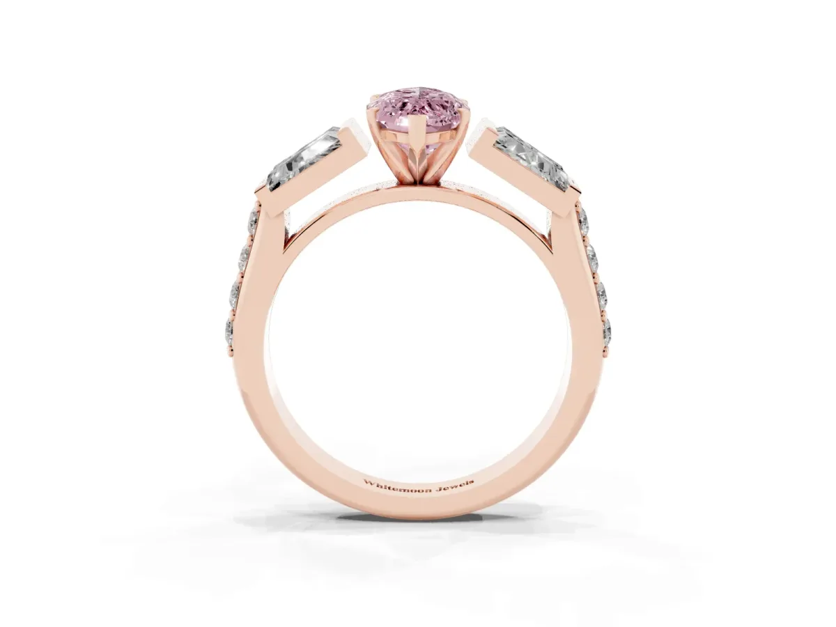 Fancy Pink Marquise Cut Diamond Engagement Ring with Baguette Side Stones and Channel Set Band Rose gold