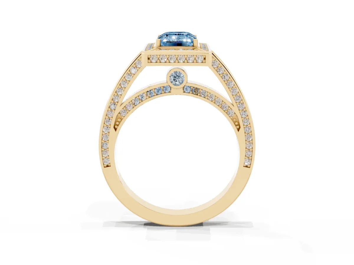 Fancy Blue Emerald Cut Cut Halo Pave Split Shank Prong Setting Ring Yellow gold