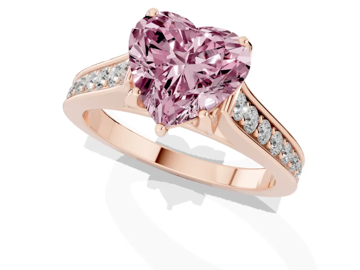 Fancy Pink Heart Cut Brilliant Cut Diamond Engagement Ring with Pavé Band and Four-Prong Setting Rose gold