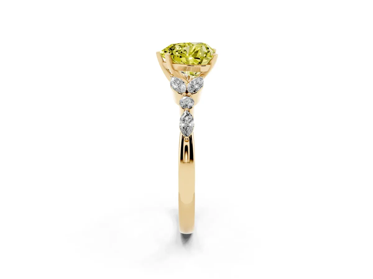Fancy Yellow Heart Cut Diamond Solitaire Ring with Side Stones and Four-Prong Setting Yellow gold