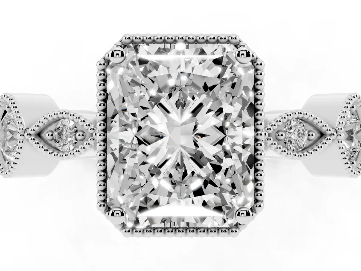Radiant Cut Diamond Vintage Milgrain Ring with Round Stations Silver