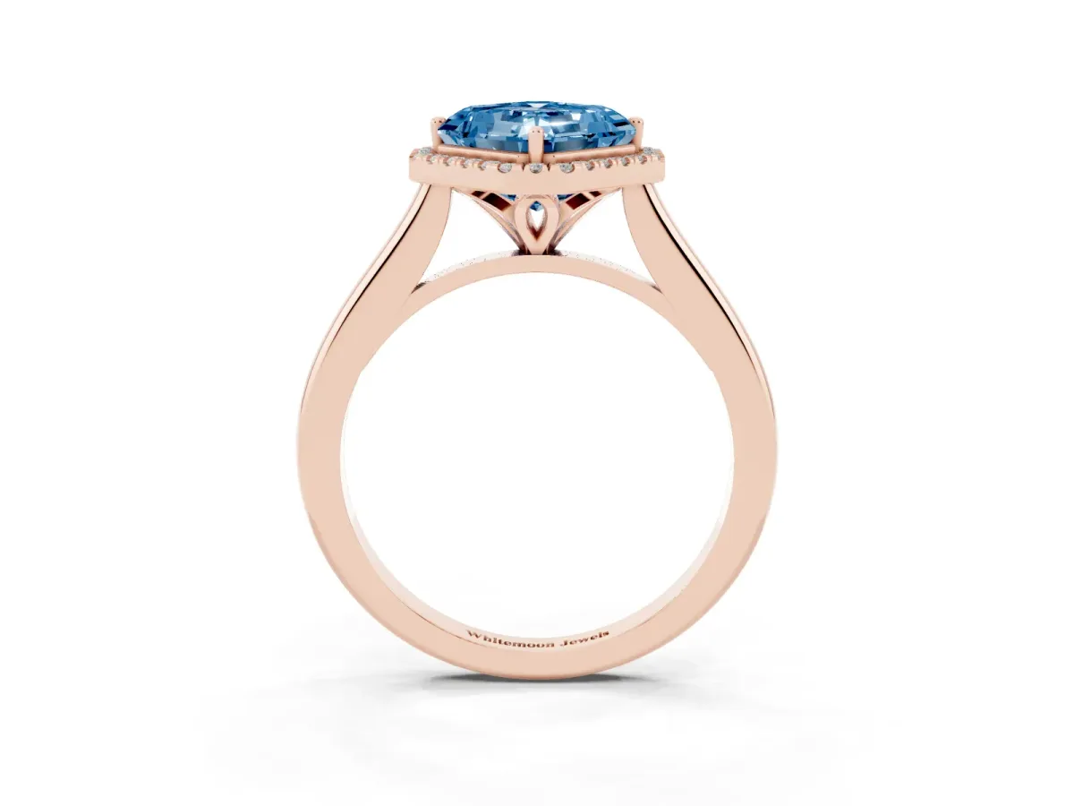 Fancy Blue Asscher Cut Halo Round Diamond Solitaire Engagement Ring with Pave Band and Four-Prong Setting Rose gold