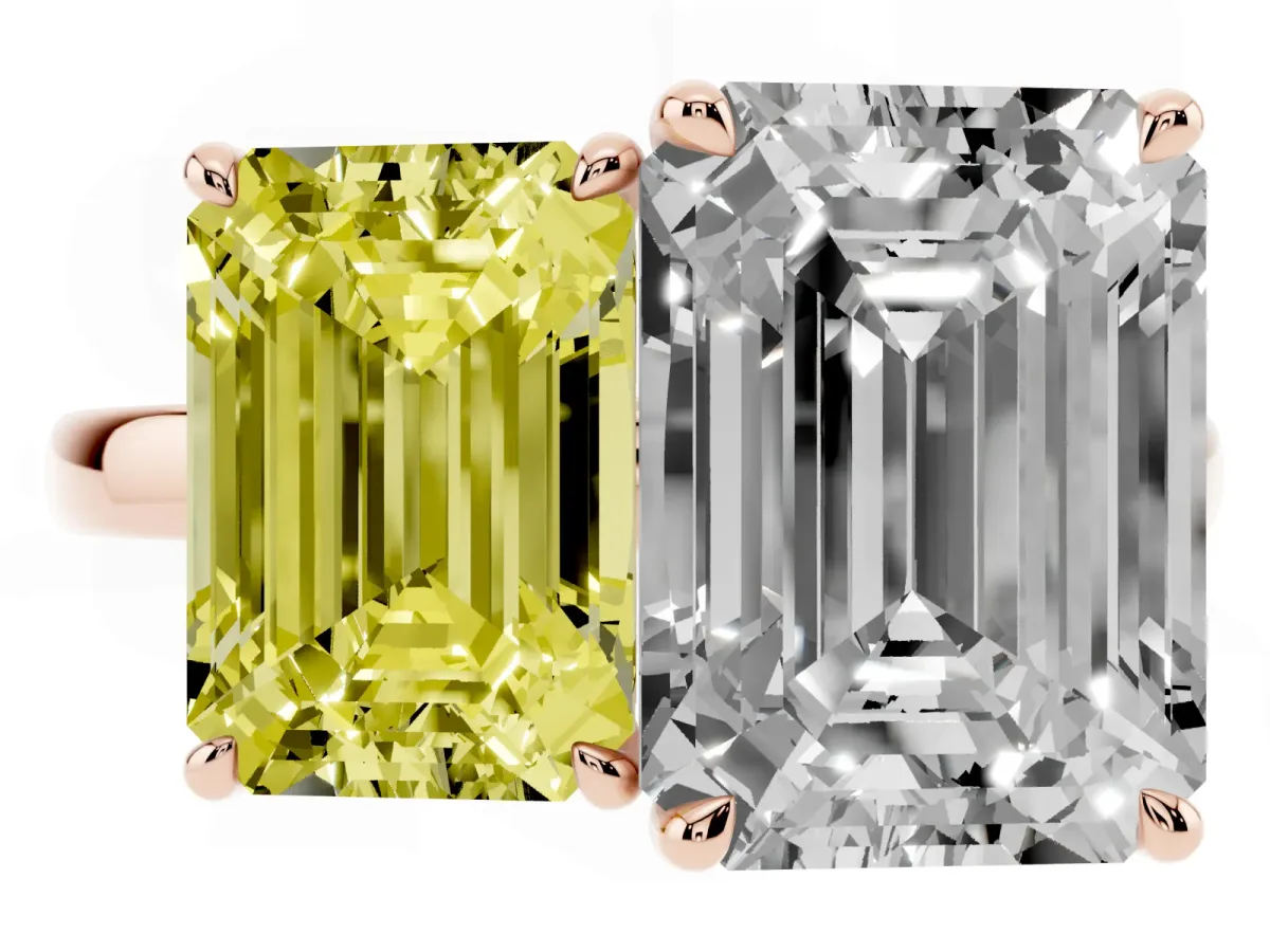 Fancy Yellow Emerald Cut and Emerald Cut Toi Moi Ring with Prong Setting Rose gold