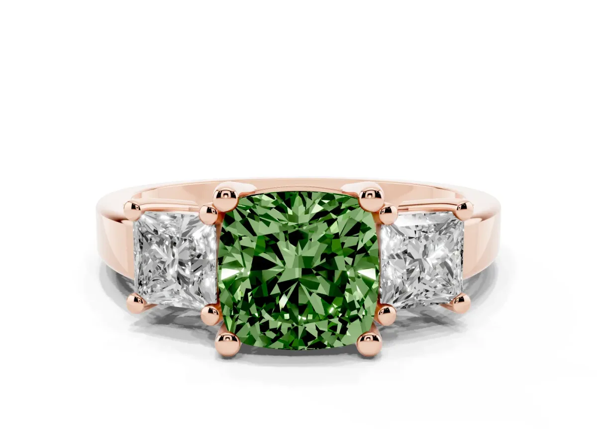 Fancy Green Three-Stone Cushion Cut Cut Solitaire Ring with Prong Setting Rose gold