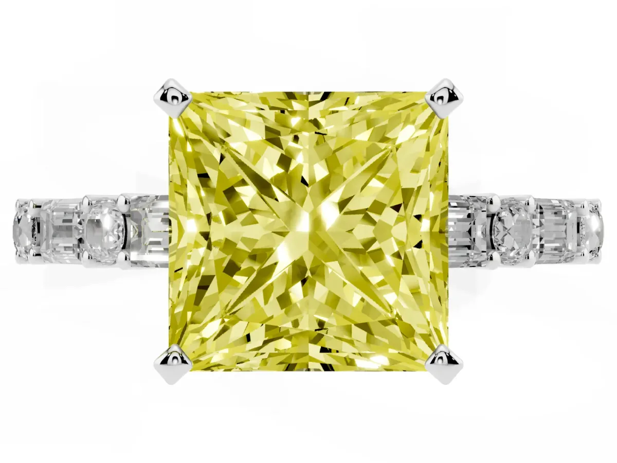 Fancy Yellow Princess Cut Diamond Solitaire with Side Baguettes and Channel Set Band Platinum