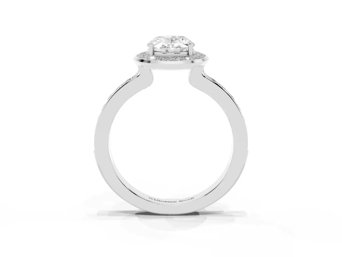 Oval Cut Diamond Halo Ring with Bezel Frame and Pavé Band Silver