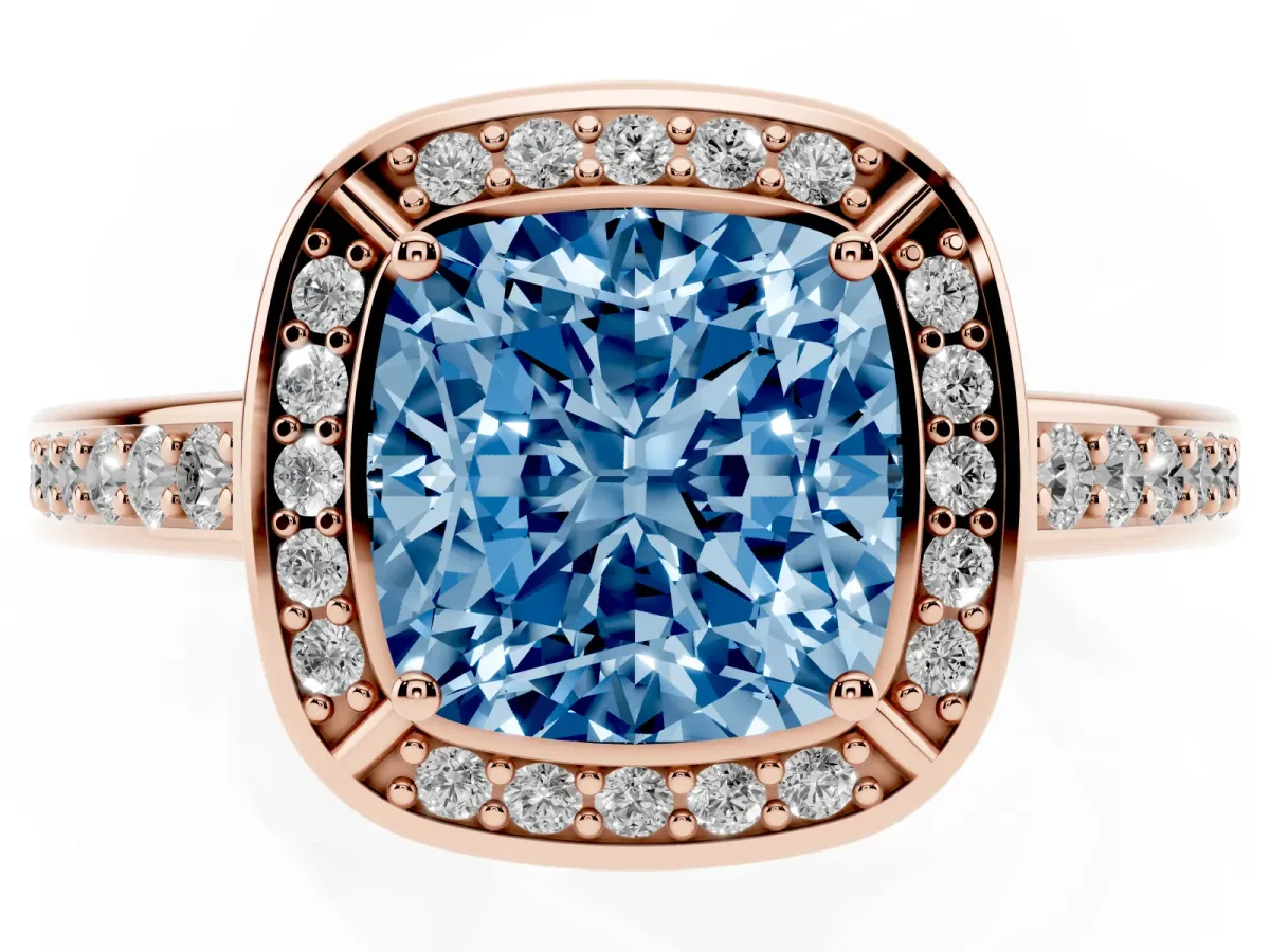 Fancy Blue Cushion Cut Cut Halo Pave Split Shank Prong Setting Ring Rose gold