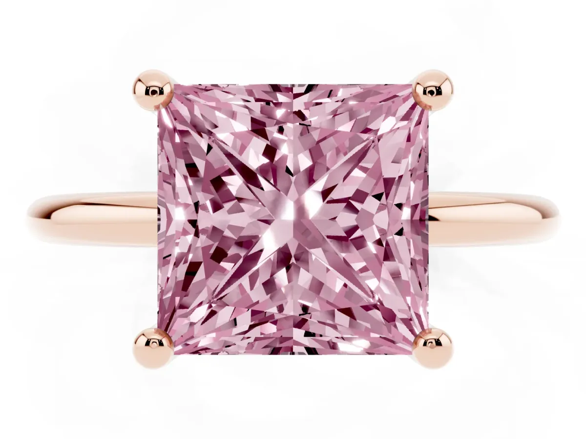 Fancy Pink Princess Cut Solitaire Diamond Ring with 4-Prong Setting on a Classic Band Rose gold