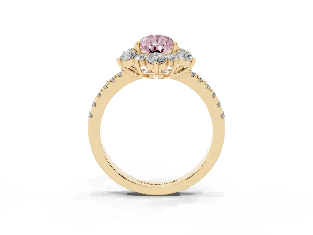Fancy Pink Pear Cut Diamond Floral Halo Ring with Round Pavé Band and Prong Setting Yellow gold