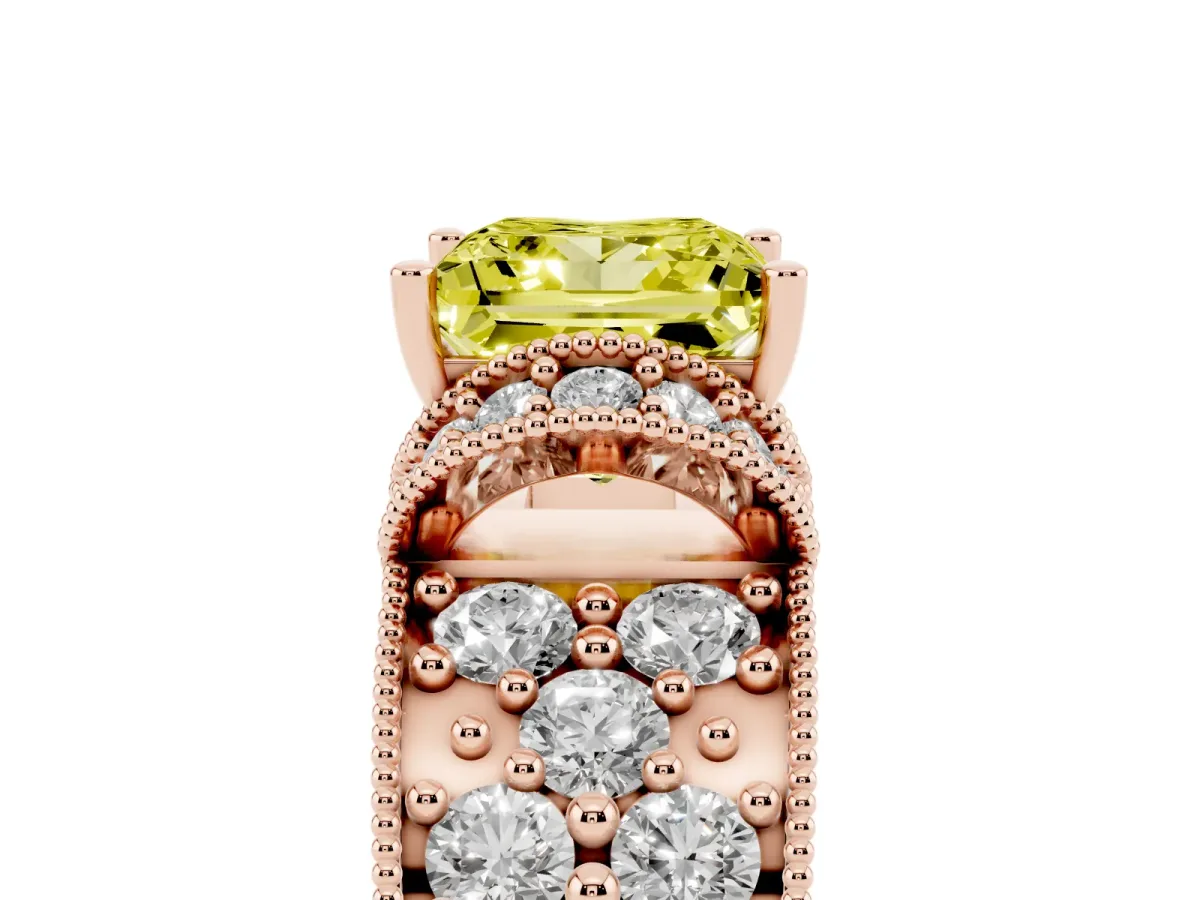 Fancy Yellow Princess Cut Halo Pave Diamond Engagement Ring with Milgrain Detailing Rose gold