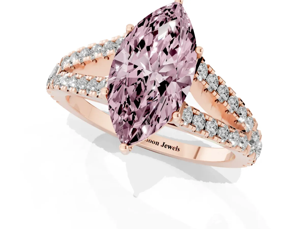 Fancy Pink Marquise Cut Diamond Split Shank Pavé Engagement Ring with Four-Prong Setting Rose gold