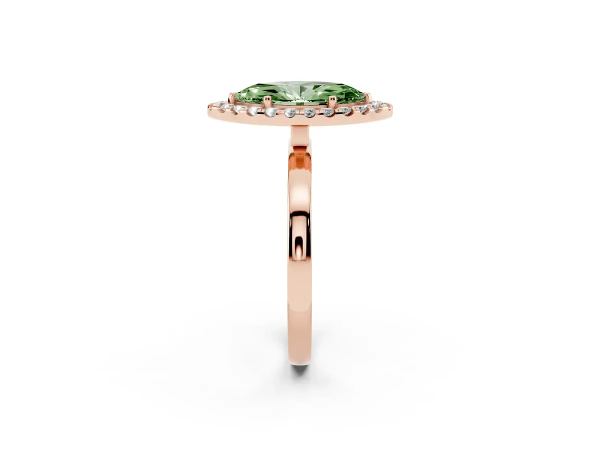 Fancy Green Marquise Cut Halo Diamond Solitaire with Pavé Band and Four-Prong Setting Rose gold