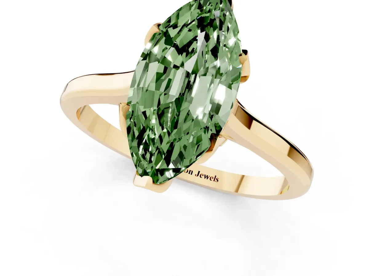 Fancy Green Marquise Cut Diamond Solitaire Ring with Flower Prong Setting and Classic Band Yellow gold