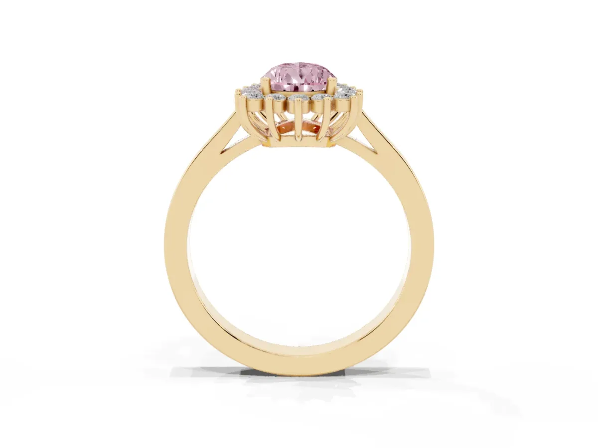 Fancy Pink Pear Cut Cut Diamond Halo Ring with Round Brilliant Halo and Solitaire Band Yellow gold