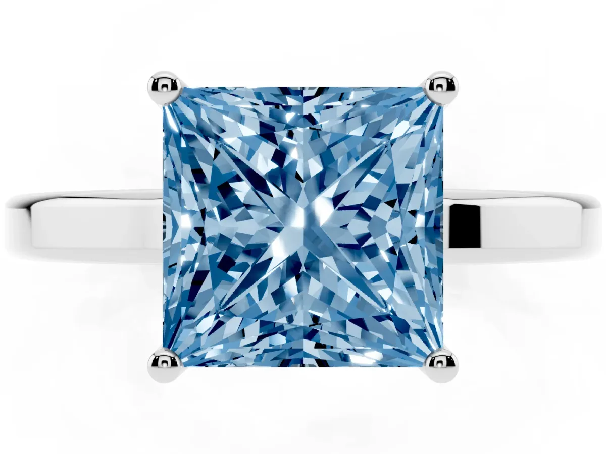 Fancy Blue Princess Cut Cut Solitaire Engagement Ring with Four-Prong Setting on a Classic Band Silver