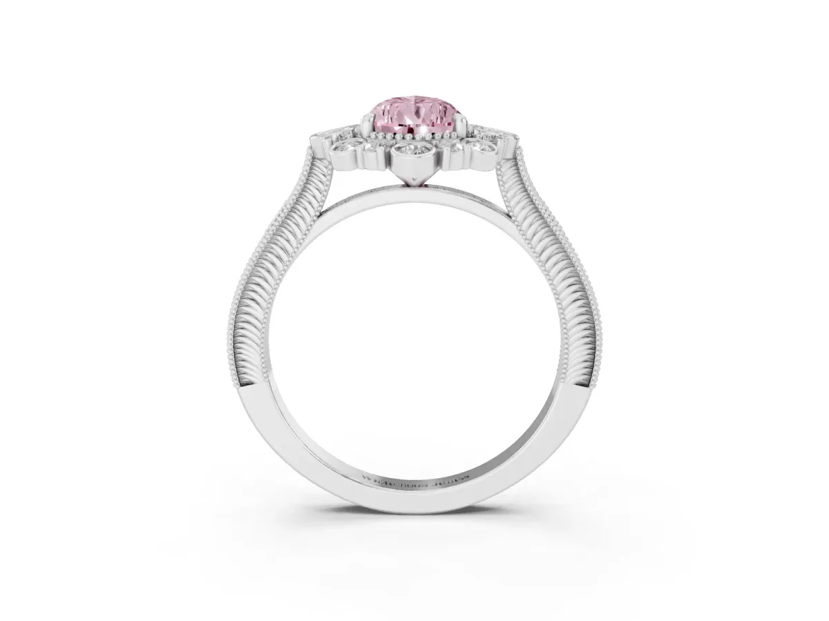 Fancy Pink Pear Cut Halo Milgrain Pave Diamond Ring with Four-Prong Setting Silver