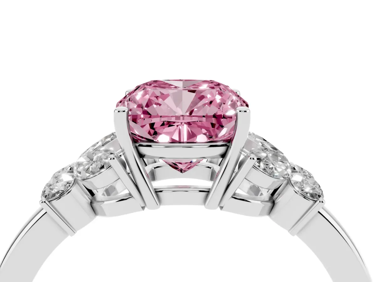 Fancy Pink Cushion Cut Cut Solitaire Floral Diamond Ring with Four-Prong Setting Silver
