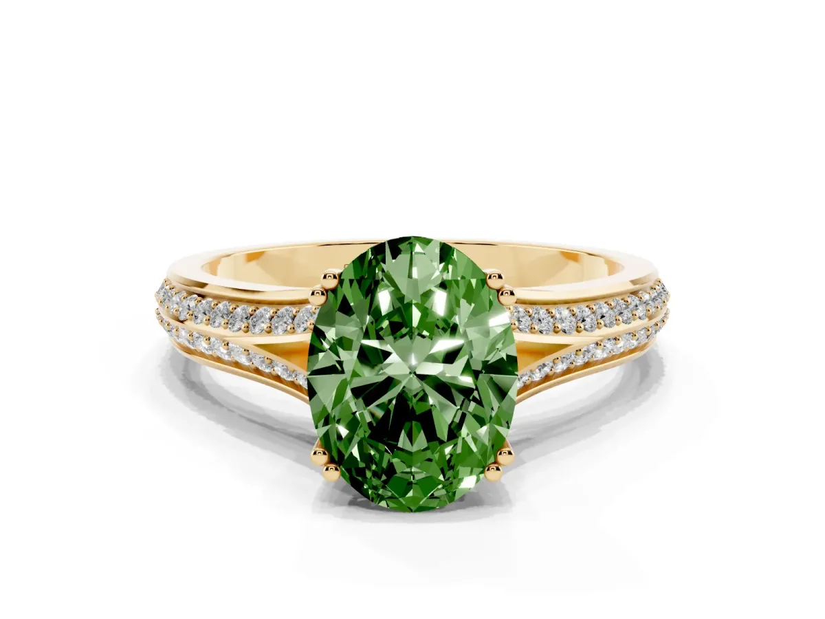 Fancy Green Oval Cut Diamond Split Shank Engagement Ring with Pavé Band Yellow gold