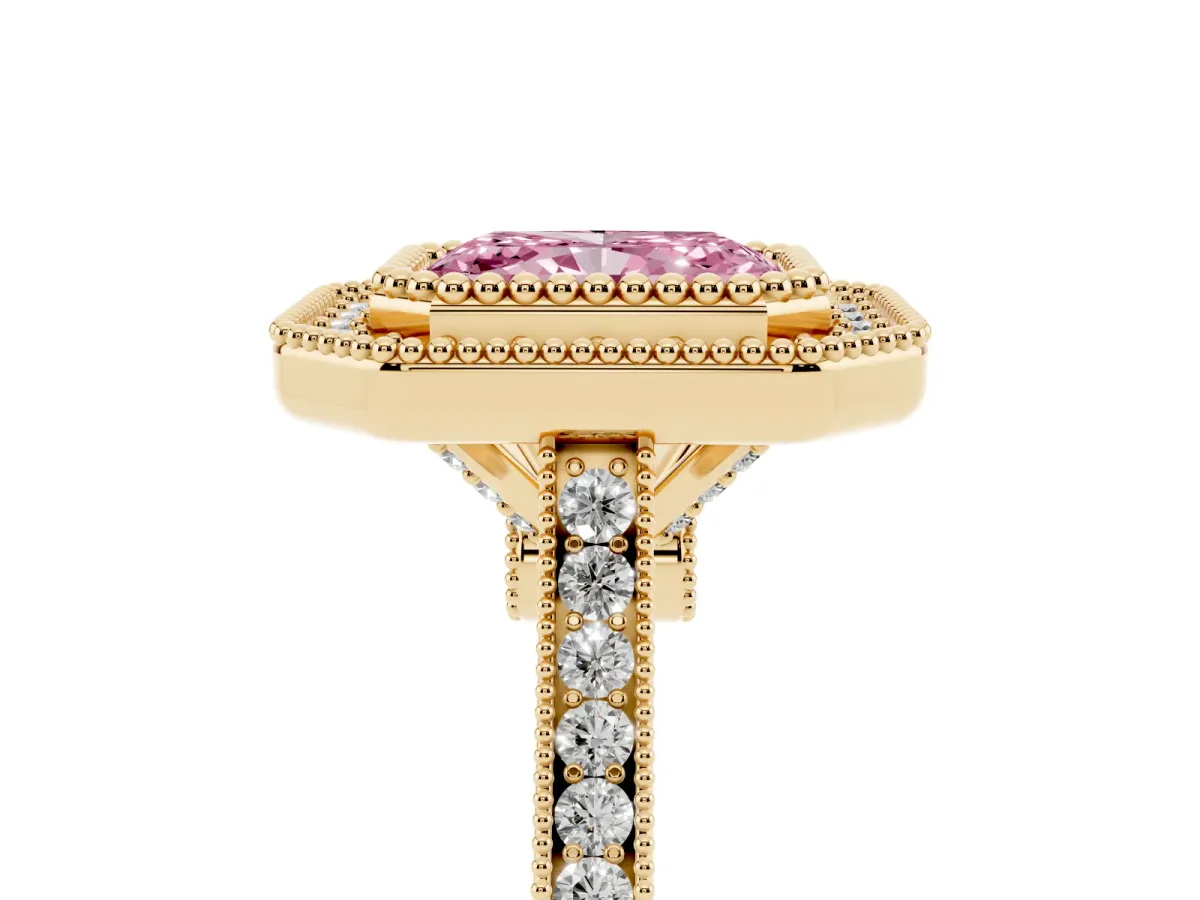 Fancy Pink Radiant Cut Diamond Halo Ring with Milgrain Frame and Pavé Band Yellow gold