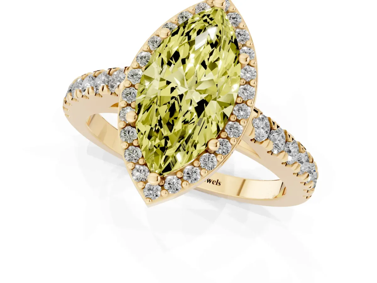 Fancy Yellow Marquise Cut Cut Halo Diamond Engagement Ring with Pave Band and Four-Prong Setting Yellow gold
