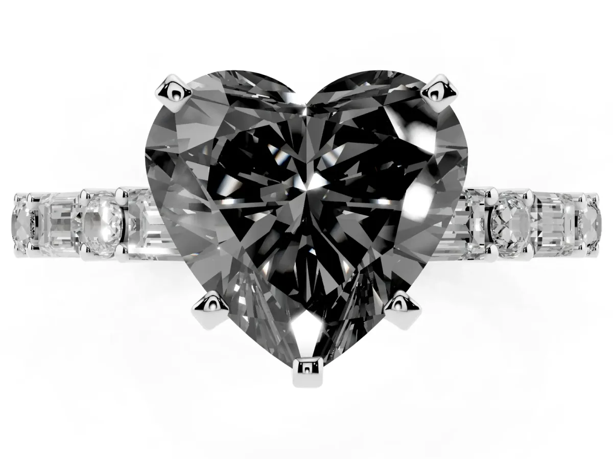 Fancy Black Heart Cut Diamond Solitaire with Side Baguettes and Channel Set Band Silver