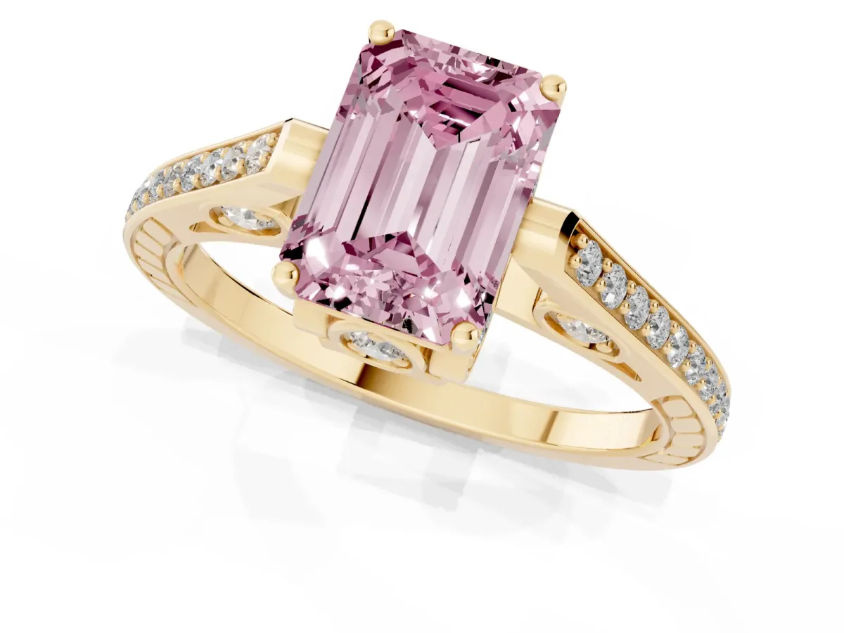 Fancy Pink Emerald Cut Cut Cathedral Pave Diamond Engagement Ring with Six-Prong Setting Yellow gold