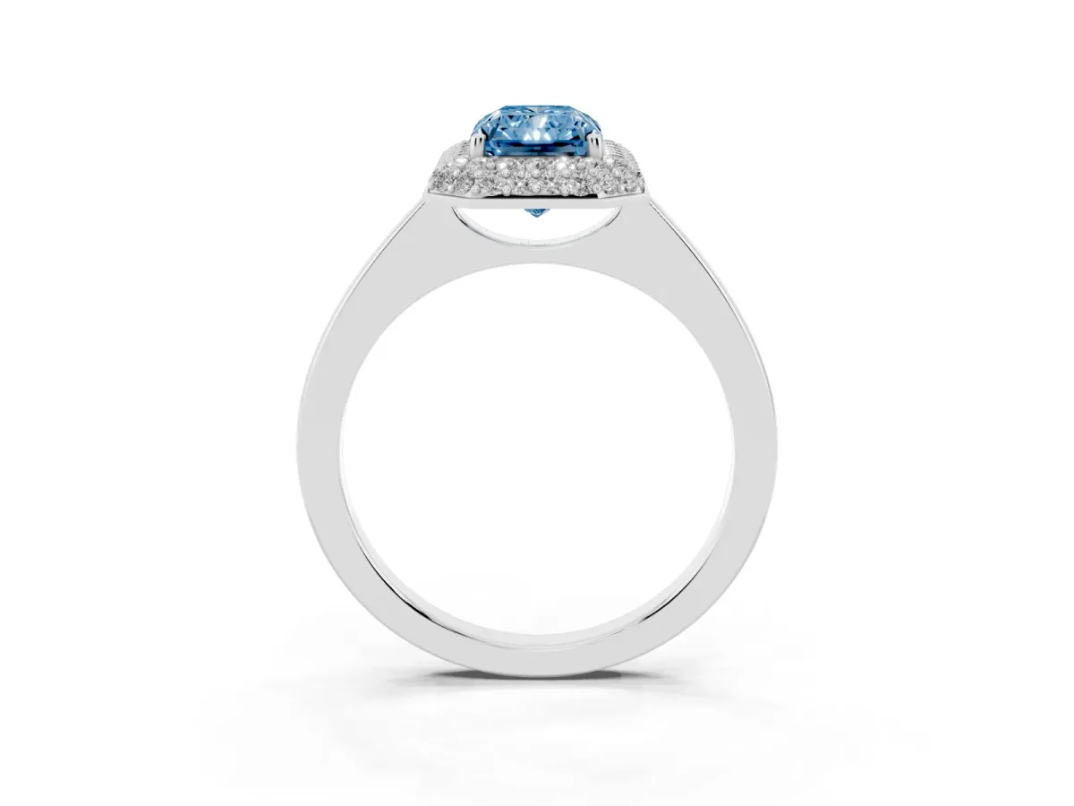 Fancy Blue Radiant Cut Halo Diamond Engagement Ring with Solitaire Band and Four-Prong Setting Platinum