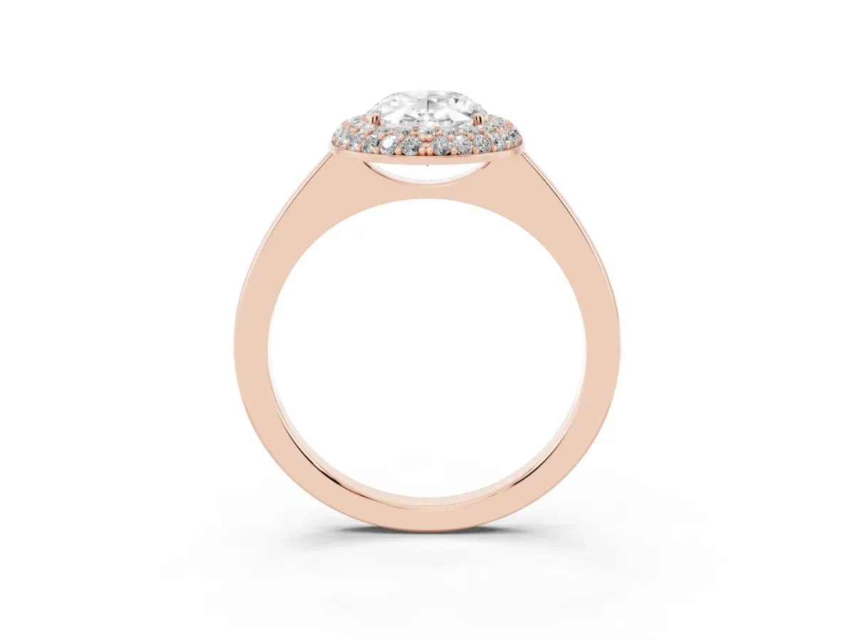 Oval Cut Halo Diamond Engagement Ring with Solitaire Band and Four-Prong Setting Rose gold