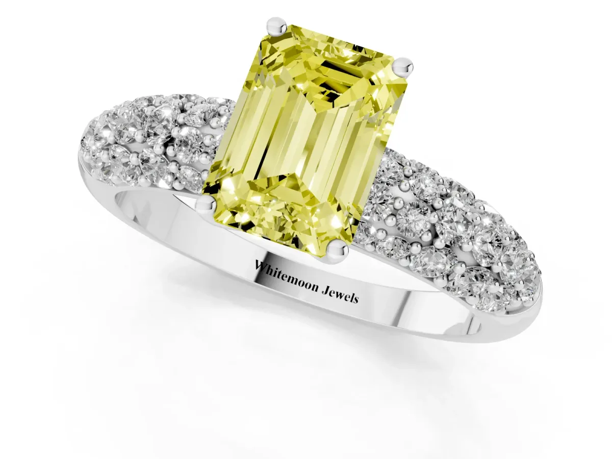 Fancy Yellow Emerald Cut Diamond Pavé Band Solitaire Ring with Four-Prong Setting White gold