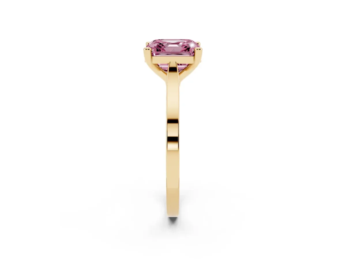 Fancy Pink Asscher Cut Solitaire Diamond Ring with Four-Prong Setting and Tapered Band Yellow gold