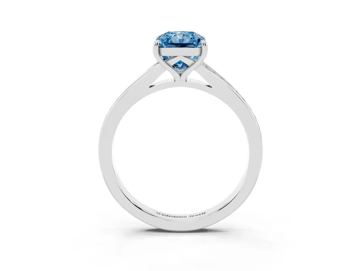 Fancy Blue Radiant Cut Diamond Solitaire Ring with Pavé Band and Prong Setting Silver
