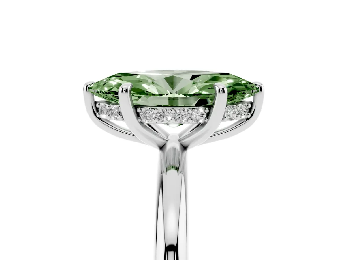 Fancy Green Marquise Cut Diamond Solitaire Ring with Thin Band and Four-Prong Setting Platinum