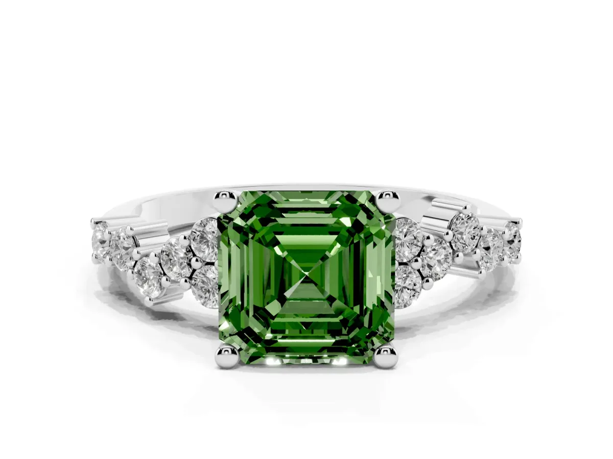 Fancy Green Asscher Cut Diamond Scattered Round Accent Ring with Prong Setting White gold