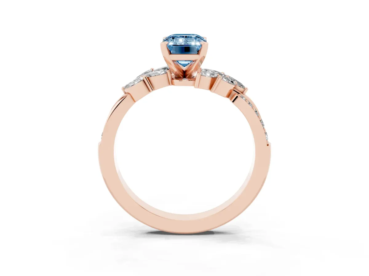 Fancy Blue Emerald Cut Solitaire Marquise Twist Band with Six-Prong Setting Rose gold