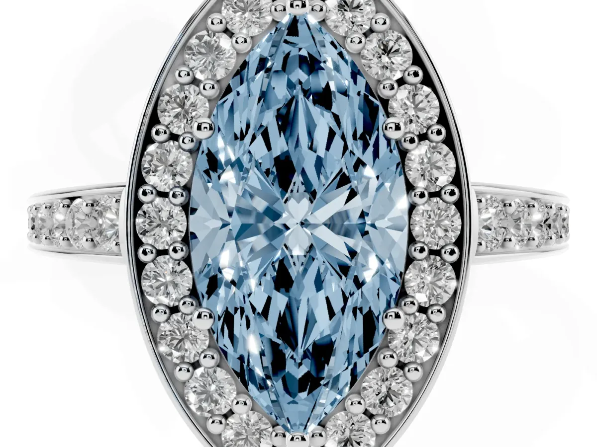 Fancy Blue Marquise Cut Halo Pavé Diamond Engagement Ring with Bezel Setting Silver