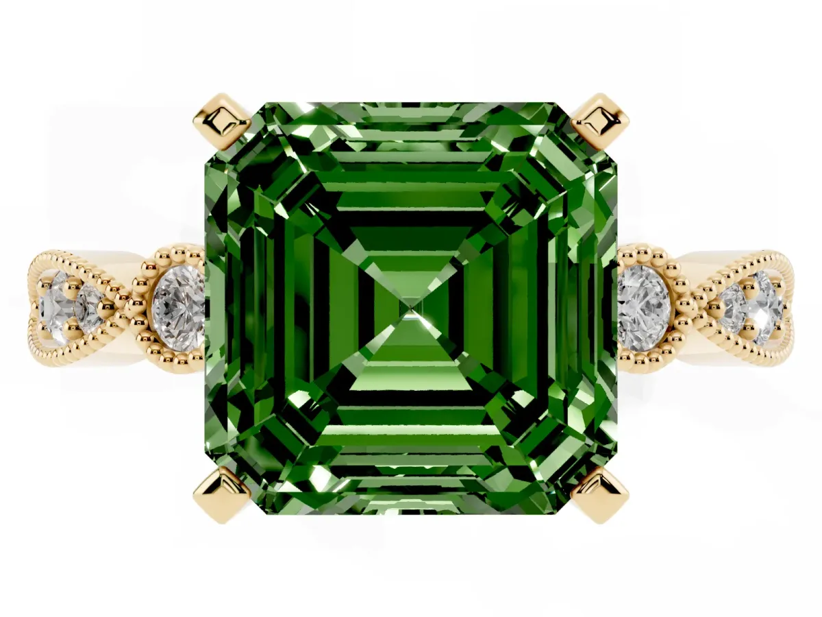Fancy Green Asscher Cut Milgrain Bezel Diamond Engagement Ring with Solitaire Prong Setting Yellow gold