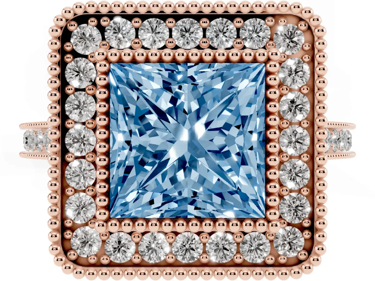 Fancy Blue Princess Cut Diamond Halo Ring with Milgrain Frame and Pavé Band Rose gold