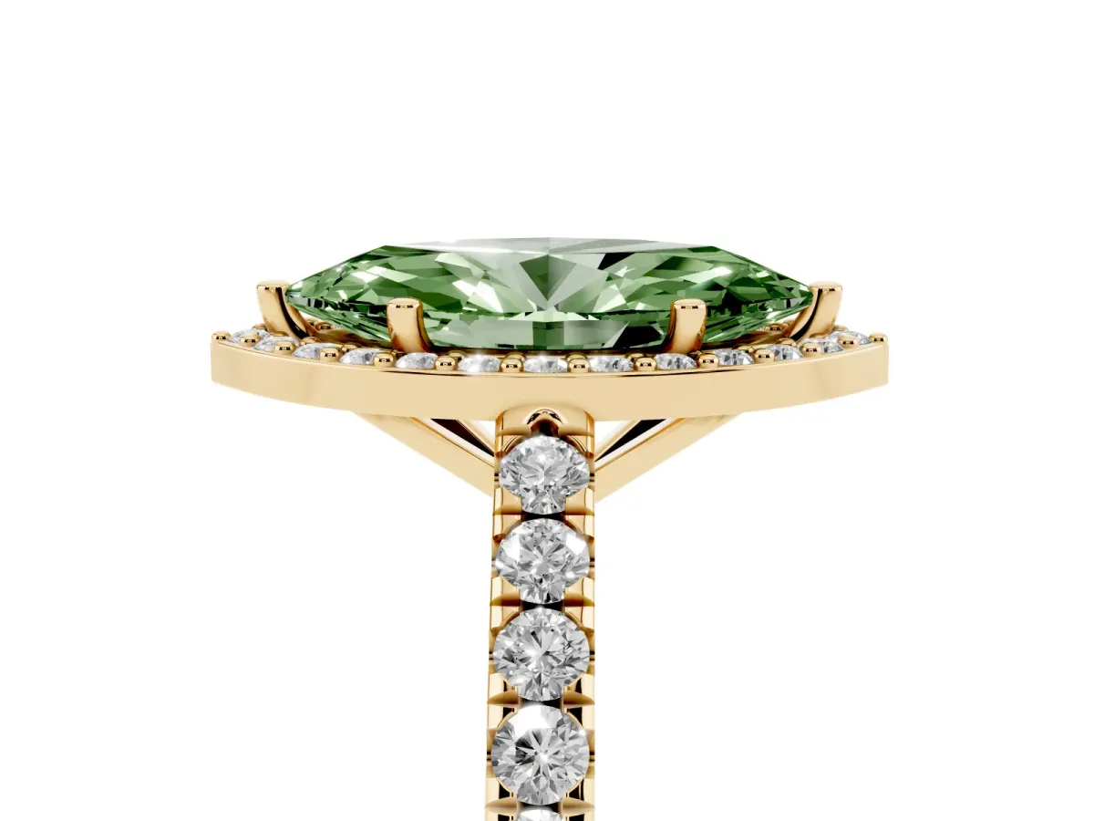 Fancy Green Marquise Cut Cut Halo Diamond Engagement Ring with Pave Band and Four-Prong Setting Yellow gold