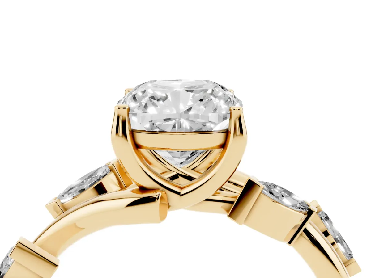 Cushion Cut Solitaire Twisted Band Marquise Accent Prong Setting Ring Yellow gold