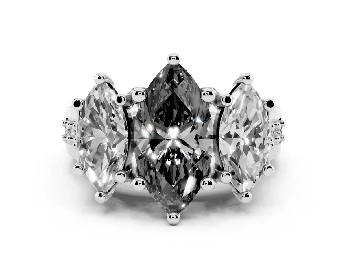 Fancy Black Marquise Cut Diamond Three-Stone Ring with Channel Set Band and Four-Prong Setting Platinum
