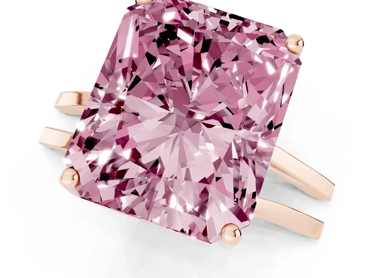 Fancy Pink Radiant Cut Cut Diamond Solitaire Engagement Ring with Tapered Plain Band and Four-Prong Setting Rose gold