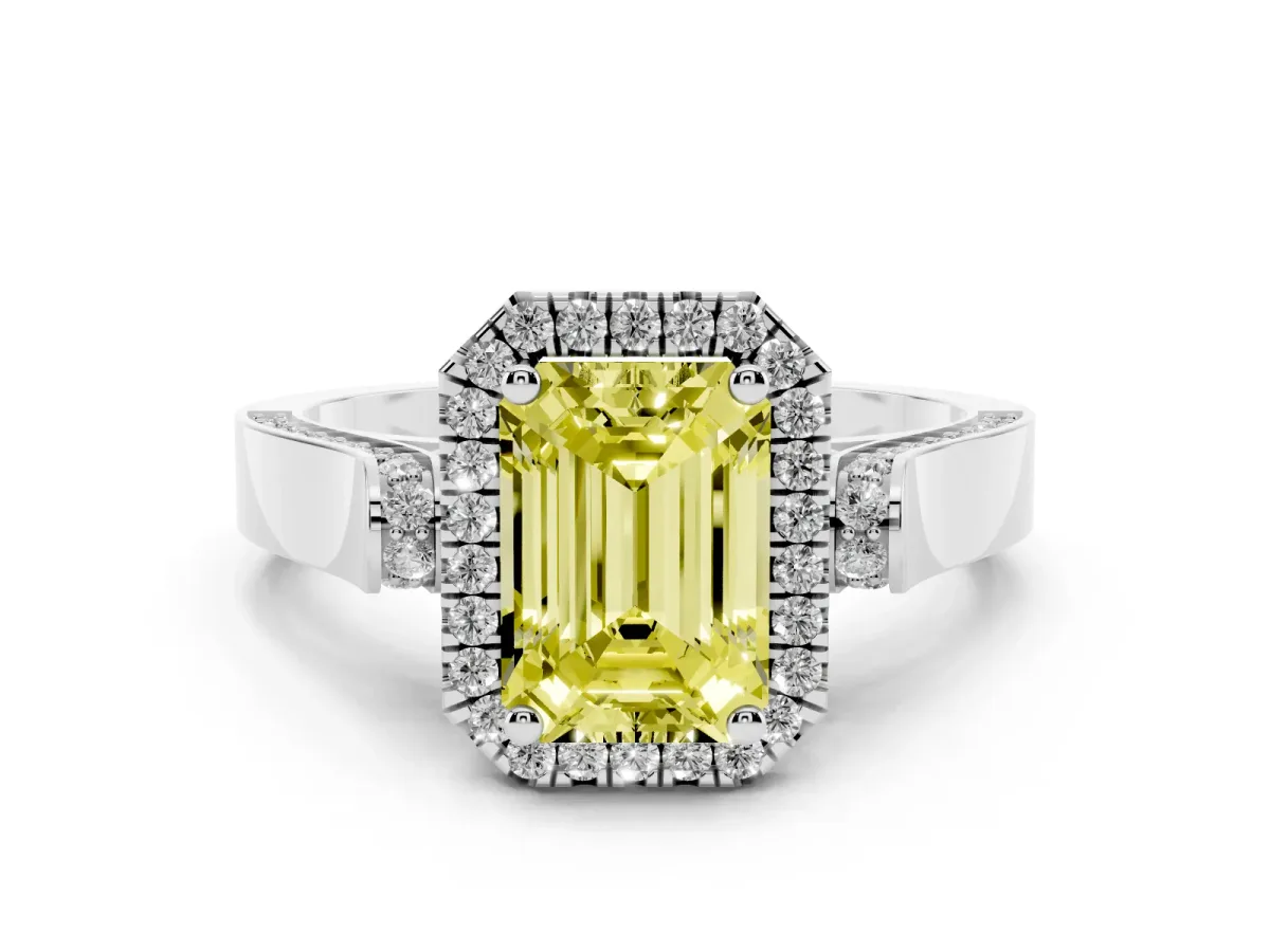 Fancy Yellow Emerald Cut Halo Round Diamond Twist Band with Four-Prong Setting White gold