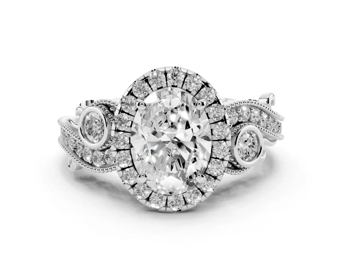 Oval Cut Diamond Halo Ring with Milgrain Pavé Band and Four-Prong Setting Silver