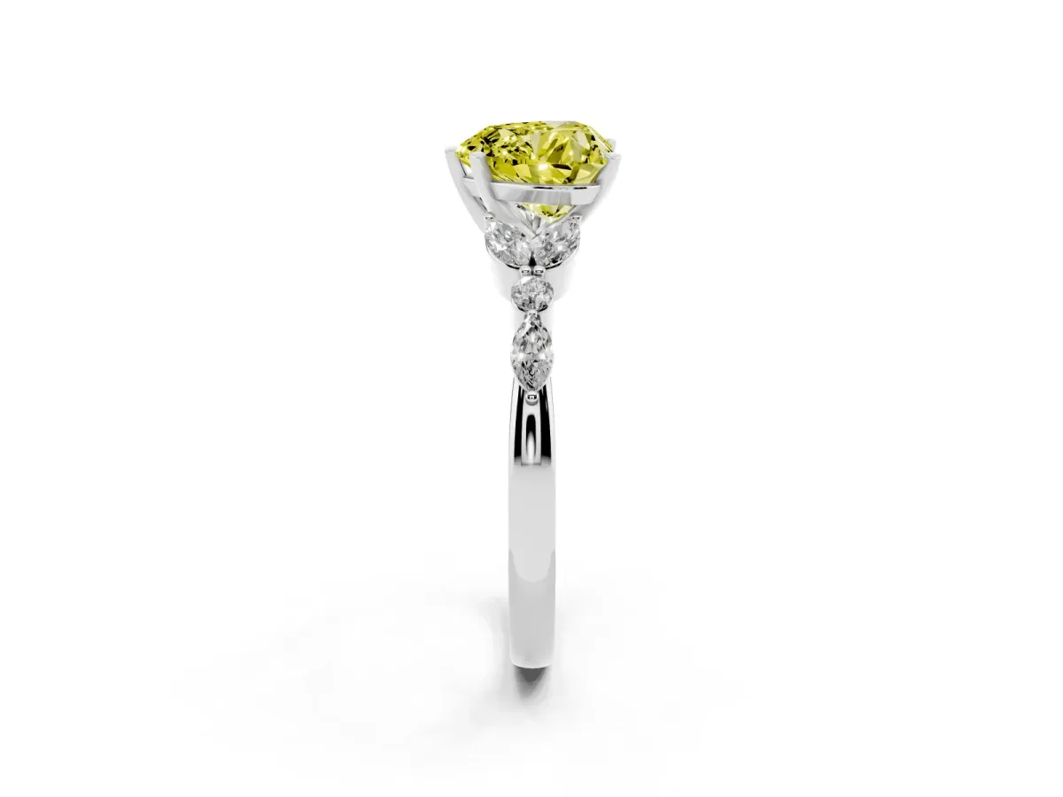 Fancy Yellow Heart Cut Diamond Solitaire Ring with Side Stones and Four-Prong Setting Platinum