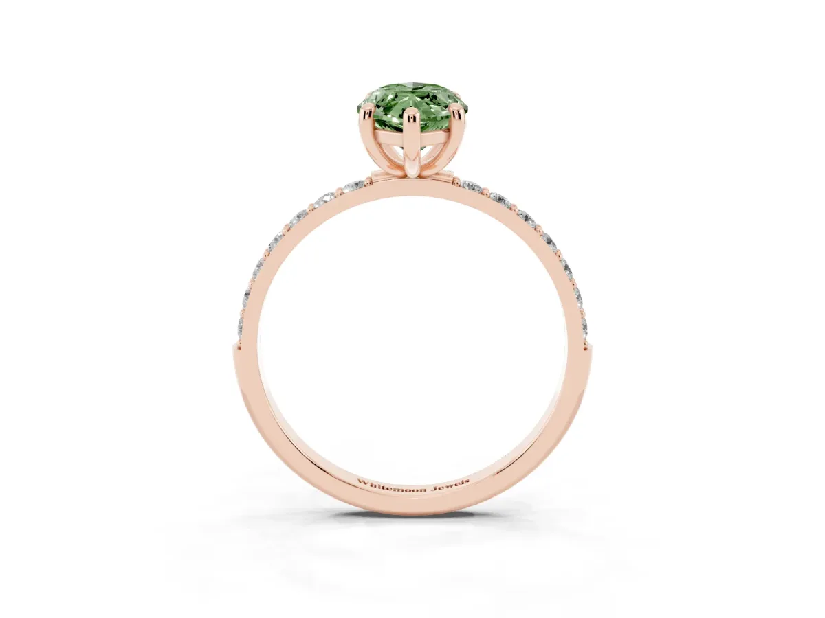 Fancy Green Marquise Cut Diamond Solitaire Ring with Round Pavé Band and Prong Setting Rose gold
