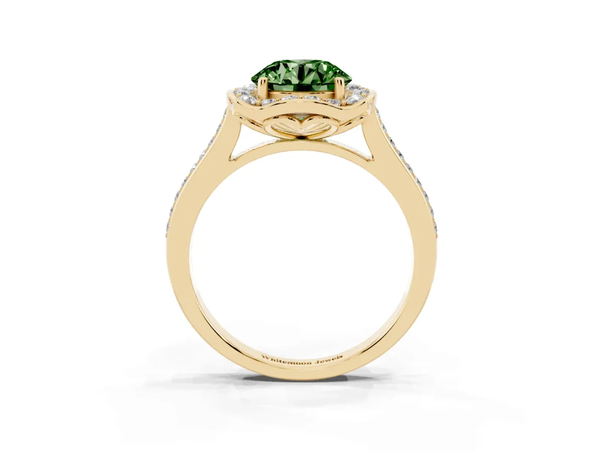 Fancy Green Round Cut Halo Round Diamond Pave Band with Four-Prong Setting Yellow gold